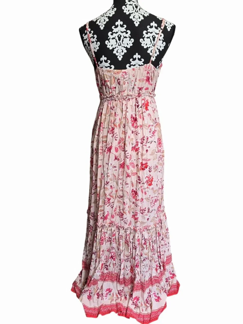Blue Rain Floral Pink Spaghetti Strap Maxi Dress Size M Lined Boho Romantic - Picture 2 of 5